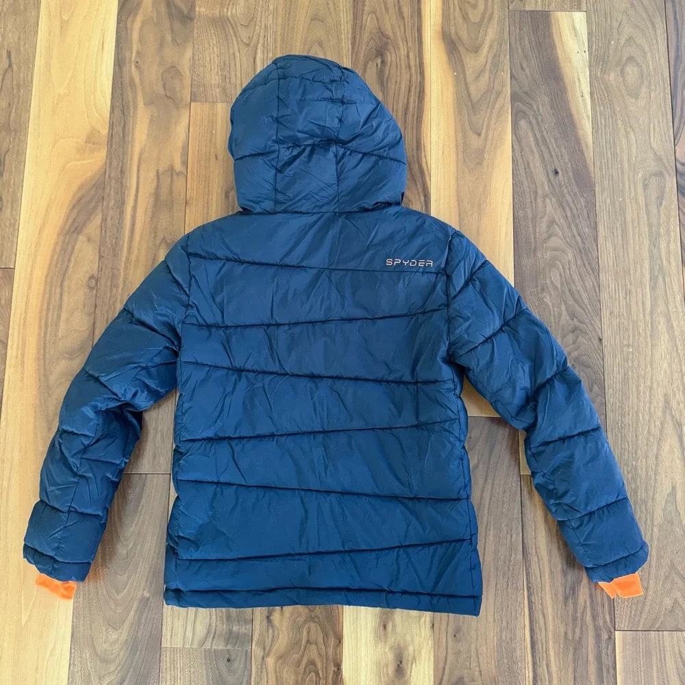 Spyder boys water resistant hooded nexus puffer jacket navy orange size M 10/12
